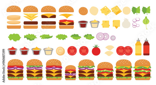 Large set of flat vector illustrations showcasing hamburger ingredients and different assembled variations for fast food menu design.