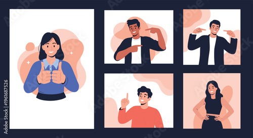 Group of diverse people showcasing various expressive hand gestures including thumbs up, pointing, and hands on hips for communication.