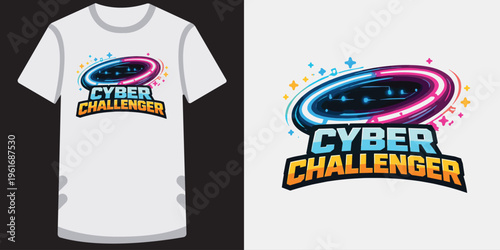 Modern vibrant cyber challenger tshirt design with futuristic neon swirls and colorful typography perfect for gaming and esports enthusiasts