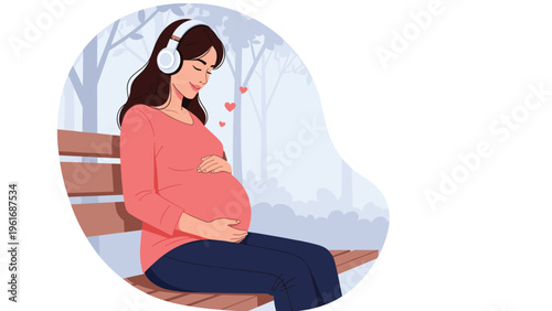 Pregnant woman sits peacefully on a wooden park bench while wearing headphones and listening to music for relaxation.