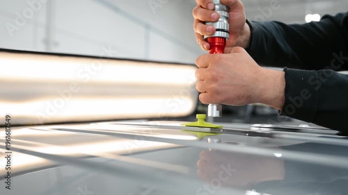 Process of PDR pointless dent repair on car body, mechanic at the auto shop with tools to repair dents in damaged car after hail