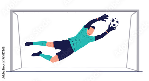 Professional soccer goalkeeper in a green uniform performs a dramatic diving save to catch the ball in front of the goal post.
