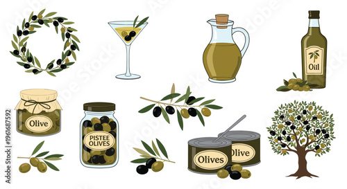 Comprehensive collection of olive related products including jars of pitted olives, bottles of oil, fresh branches, and a martini glass.