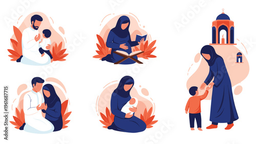 Diverse set of illustrations showing various stages of a Muslim family including prayer, pregnancy, and parenting.