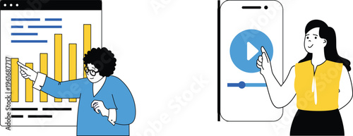 Two people demonstrating analytics and video content on digital devices with engaging visuals and gestures