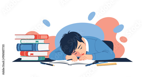 Overwhelmed student falls asleep on his desk surrounded by a tall stack of books, pencils, and rulers after long hours of studying.