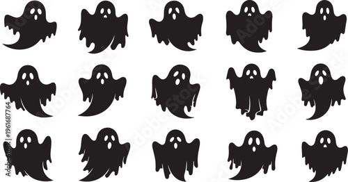 Halloween Ghosts Silhouette Pattern on White Background