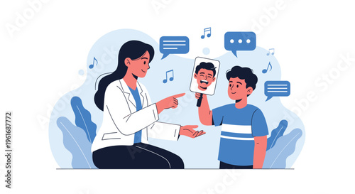 Female therapist sits with a young boy using educational cards to help him identify and understand different human facial expressions.