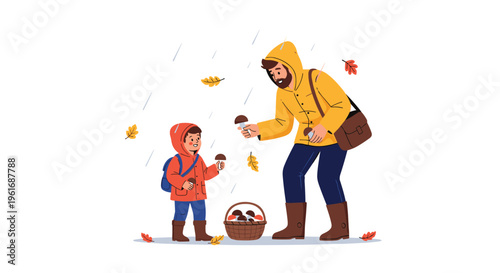 Bearded father and his young son wearing raincoats enjoy a day of mushroom foraging in the woods during an autumn rain shower.