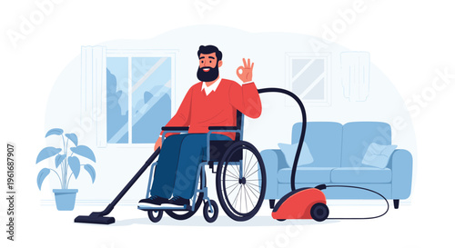 Determined man using a wheelchair performs household chores by vacuuming the carpet in a modern and bright living room.