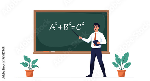 Friendly male teacher standing in a classroom uses a pointer to explain the Pythagorean theorem written on a large green chalkboard.