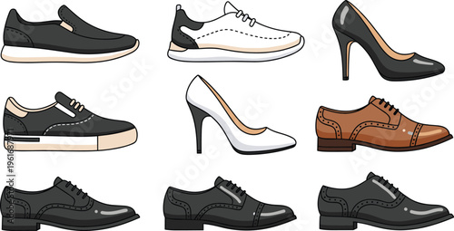 Collection of Hand-Drawn Footwear Icons Including Sneakers, High Heels, and Formal Shoes for Fashion and Retail Design Projects