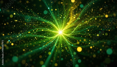 A vibrant green and yellow light explosion with sparkling particles in a dark background