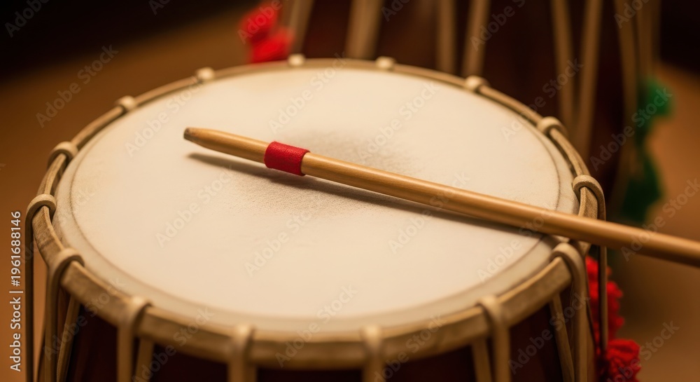 Fototapeta premium Close up of a traditional indian drum or dhol with a striking stick resting on