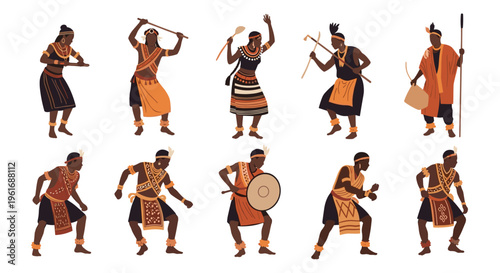 Large group of African tribal characters dressed in colorful traditional clothing perform various rhythmic dances and rituals.