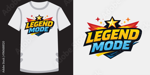 Vibrant colorful tshirt design featuring a dynamic legend mode gaming logo with bold typography and star elements perfect for esports fans and gamers