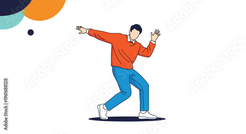 Young man in orange sweater and blue trousers performing energetic dance moves against a minimalist and clean white background.