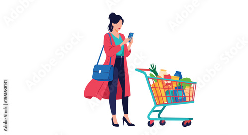 Stylish woman standing with a full grocery cart in a supermarket checks her digital shopping list or uses a mobile app on her smartphone.