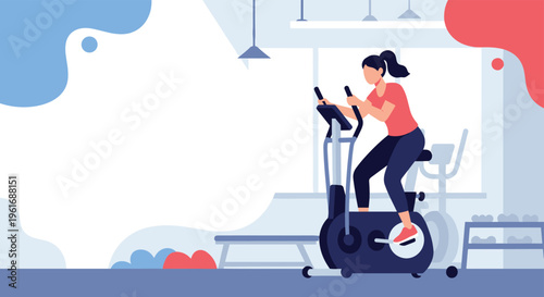 Young woman exercising on a stationary bike in a modern gym interior with blue and red abstract artistic design elements.