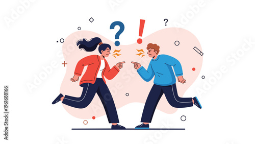 Man and woman scream at each other during an intense argument with exclamation marks and question marks above them.