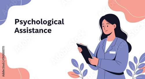 Female psychologist in blue medical uniform holding a digital tablet for patient consulting and professional psychological assistance.