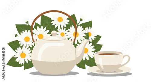 Beautiful ceramic teapot and matching tea cup set against a lush backdrop of fresh white daisy flowers and vibrant green leaves.