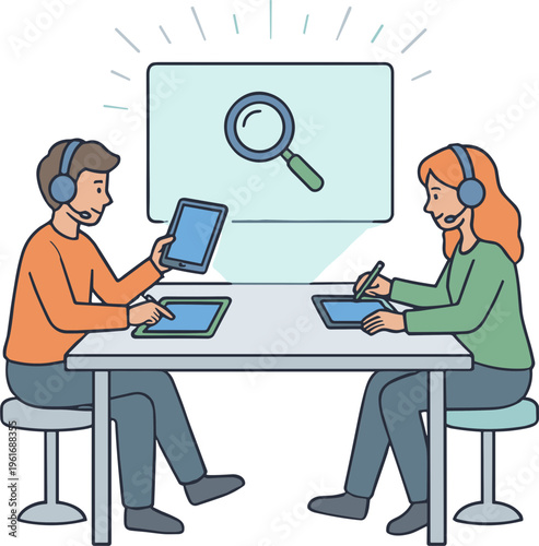 Two people wearing headsets sitting at a table with tablets discussing