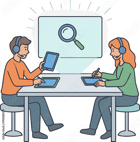 Two people wearing headsets sit at a table with tablets discussing search results