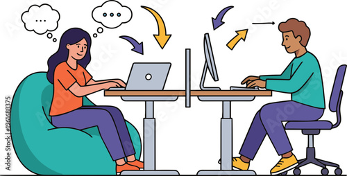 Two people sitting at desks with laptops and a monitor discussing