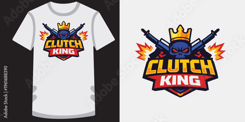 Vibrant gaming tshirt design featuring a fierce skull with crossed guns and a crown logo for esports enthusiasts and gamers