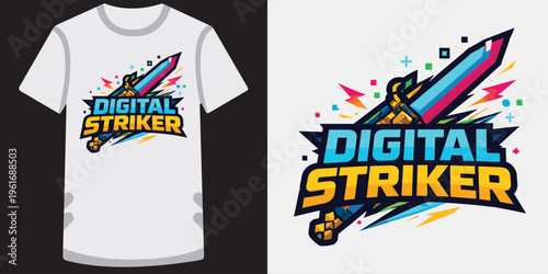 Vibrant modern tshirt design featuring a dynamic digital striker gaming logo with colorful sword and futuristic typography