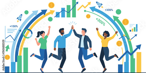 People celebrate business success with graphs and charts in office 