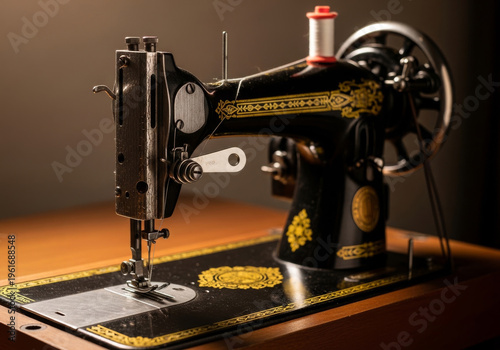 Detailed macro shot of an antique black sewing machine with ornate gold detailing, showcasing the needle, presser foot, and thread spool against a softly blurred background.