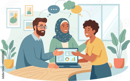 People interact with a laptop showing graphs in a meeting room