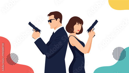Male and female secret agents standing back to back while holding pistols in their hands, wearing formal black suits and shades.