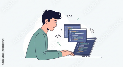 Man typing on laptop with coding screens and symbols floating around representing programming and software development