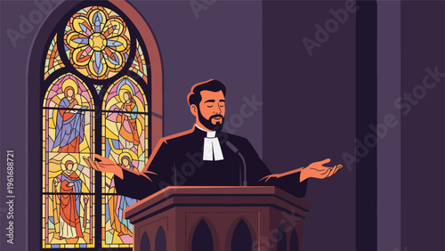 Christian priest in black robes and white collar giving a sermon from a wooden pulpit in front of a stained glass window.