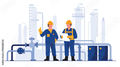 Two industrial engineers in hard hats and uniforms discussing technical plans at a refinery with large storage tanks and pipes.