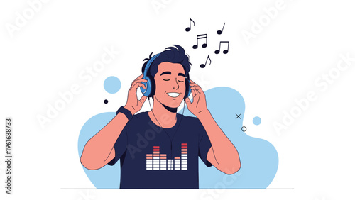 Young man wearing headphones enjoys listening to music with a smile while musical notes float around his head.