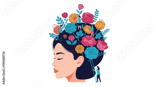 Profile of a woman with a variety of colorful flowers growing from her hair symbolizing mental health, growth, and creativity.