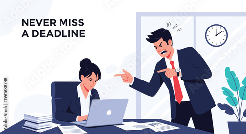 Angry male boss shouting and pointing at his watch while a stressed female employee works at her laptop under a tight deadline.