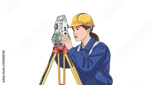 Professional female land surveyor in a blue uniform and yellow hard hat operating a total station transit on a tripod outdoors.
