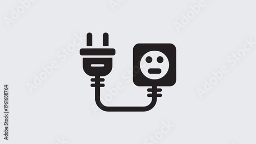 A black and white icon of an electrical plug with a shocked face on the outlet