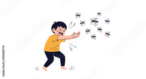 Young boy in yellow t-shirt looking scared and trying to protect himself from a swarm of flying mosquitoes in a natural environment.