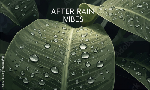 After Rain Vibes – Tropical Leaf Illustration with Water Drops