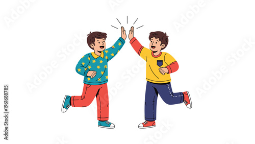 Two cheerful young boys celebrate their friendship with a high five while jumping high in the air with excitement.