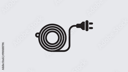 A black and white illustration of a coiled power cord with a plug