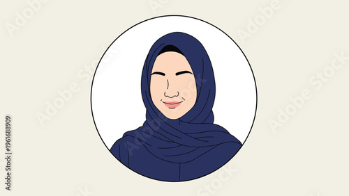 Beautiful portrait of a smiling woman wearing a traditional navy blue hijab in a simple minimalist circle frame.