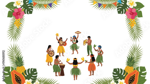 Group of traditional Hawaiian hula dancers performs in a circle framed by tropical fruits and colorful flowers.