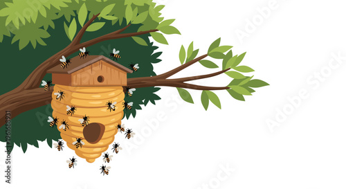 Large beehive hanging from a leafy tree branch with many worker bees flying around the entrance in a natural garden environment.